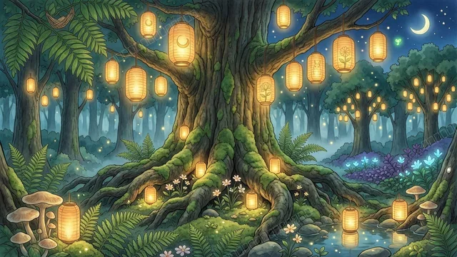 古老巨树与发光魂灯 - 吉卜力奇幻森林壁纸