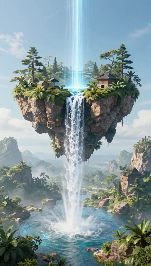 3D超现实浮空岛屿瀑布奇幻壁纸