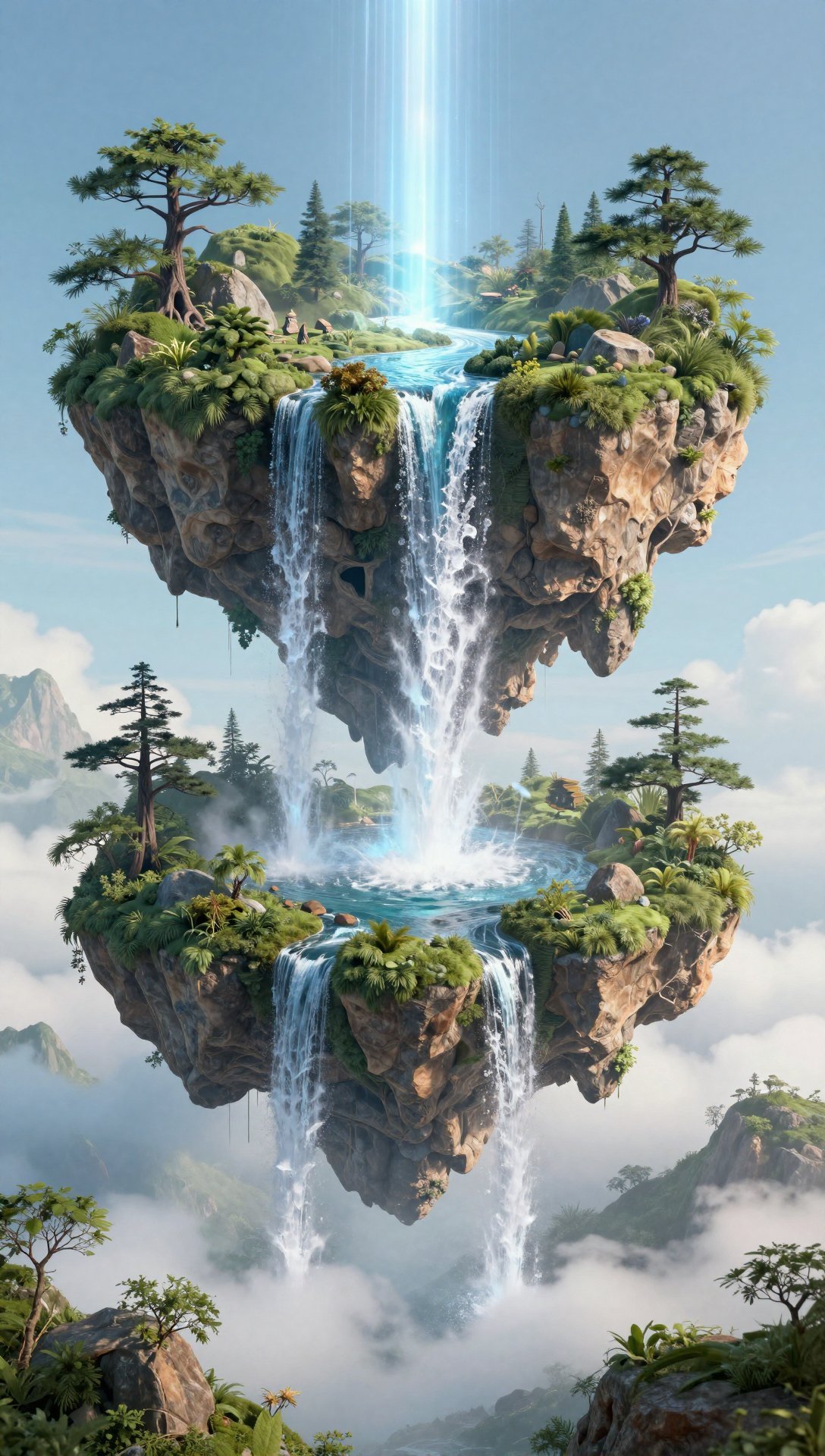 3D仙境浮岛瀑布光束壁纸