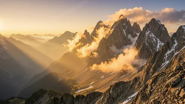 晨雾缭绕的金色山巅日出
