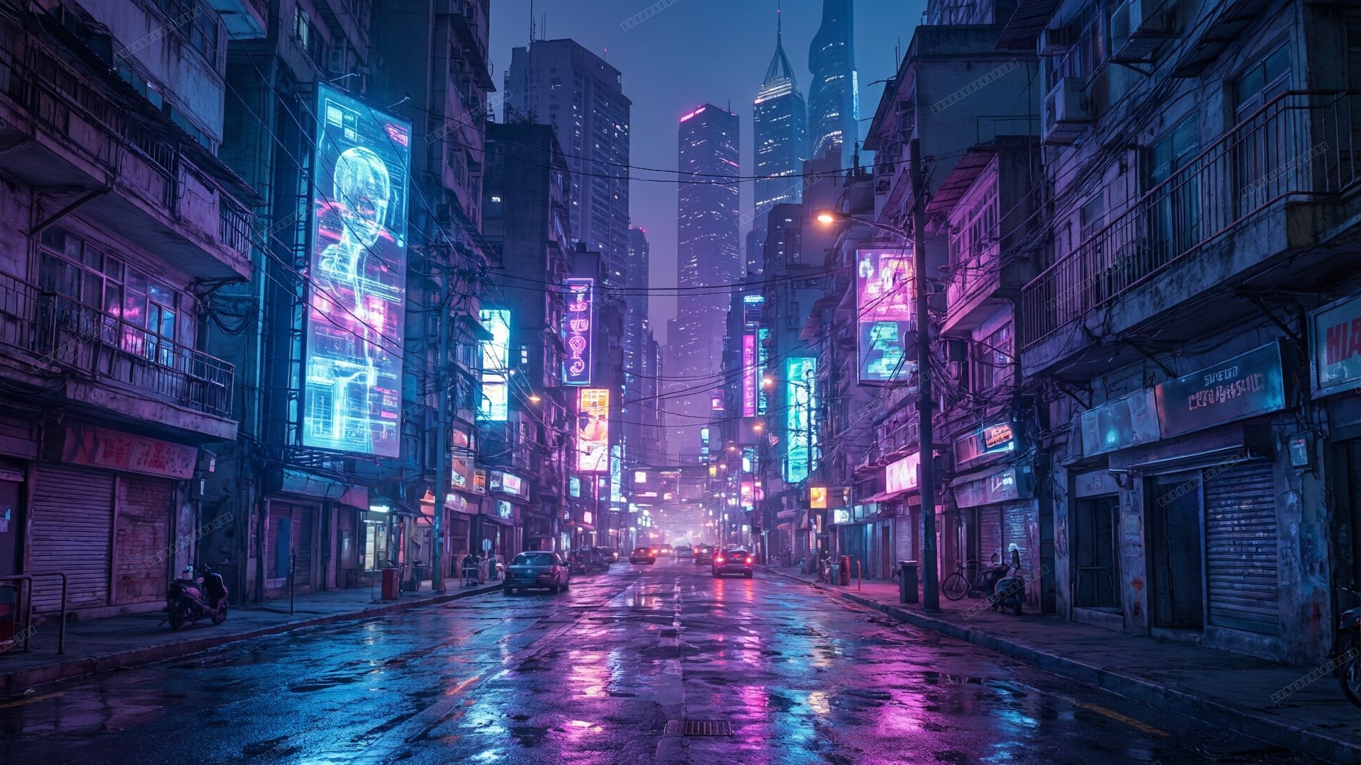 霓虹雨夜赛博朋克城市街道