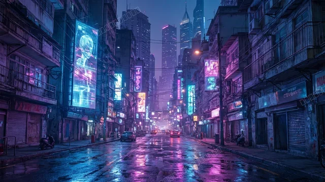 霓虹雨夜赛博朋克城市街道