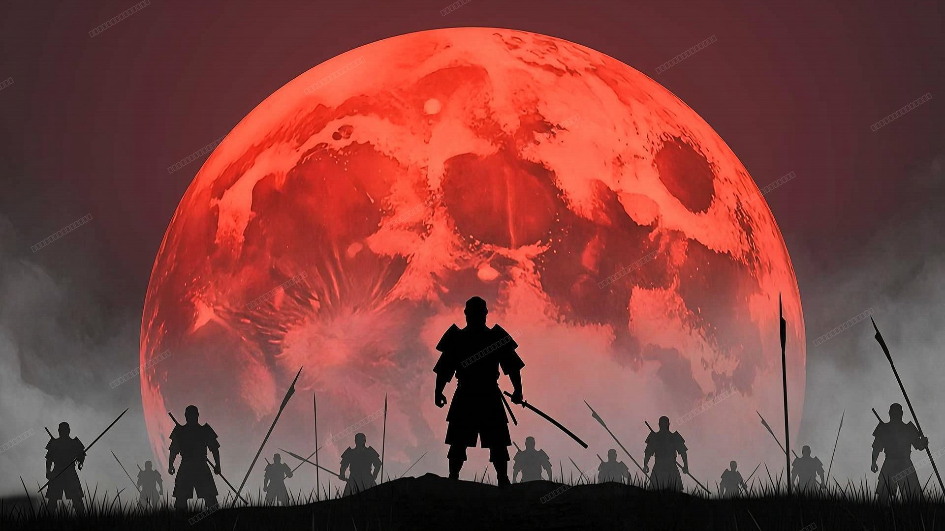 武士剪影血色月夜战场壁纸