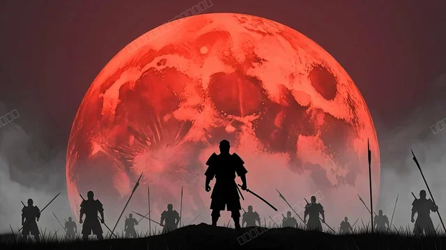 武士剪影血色月夜战场壁纸