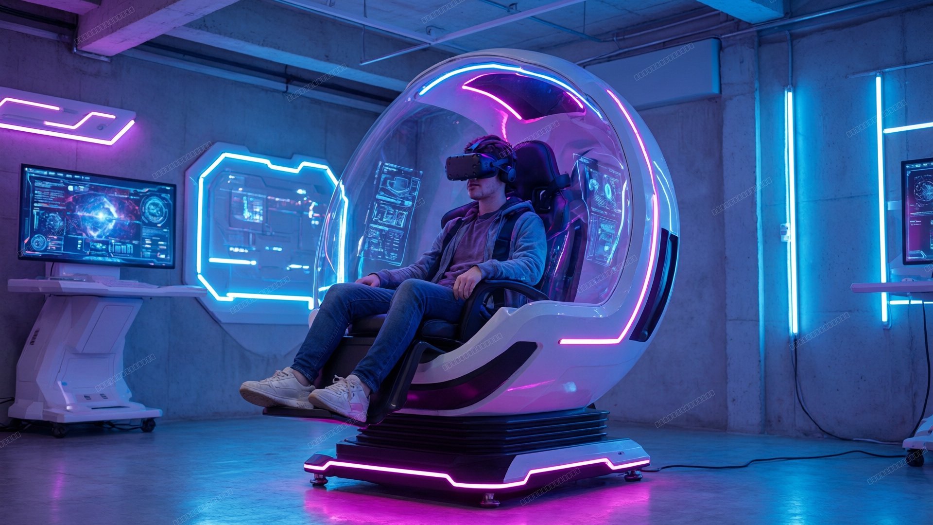 科幻动漫VR游戏舱内部玩家
